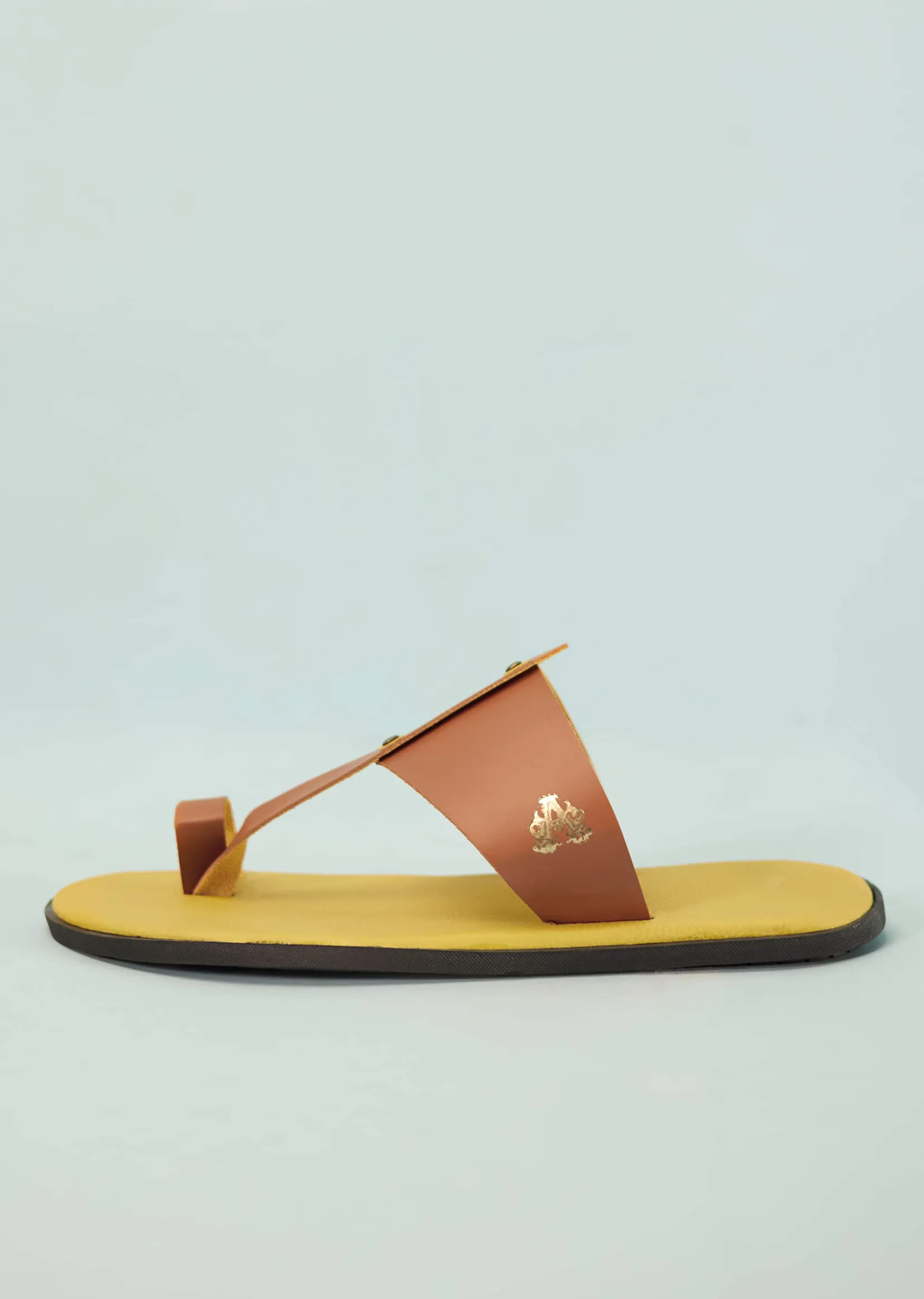 Yellow And Tan Brown Strappy Slides For Men In Leather With Buttons