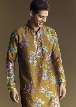 Yellow Art Silk Kurta Set With Mirror And French Knot Embroidery
