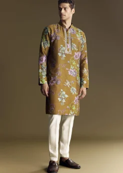 Yellow Art Silk Kurta Set With Mirror And French Knot Embroidery