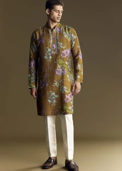 Yellow Art Silk Kurta Set With Mirror And French Knot Embroidery