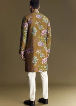 Yellow Art Silk Kurta Set With Mirror And French Knot Embroidery