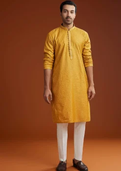 Yellow Banarasi Silk Kurta Pant Set