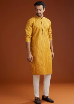 Yellow Banarasi Silk Kurta Pant Set