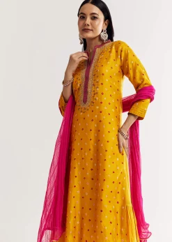 Yellow Bandhani Kurta Set With Pink Dupatta