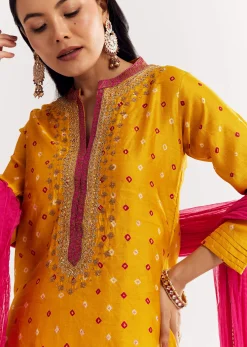 Yellow Bandhani Kurta Set With Pink Dupatta