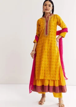 Yellow Bandhani Kurta Set With Pink Dupatta