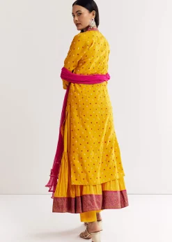 Yellow Bandhani Kurta Set With Pink Dupatta