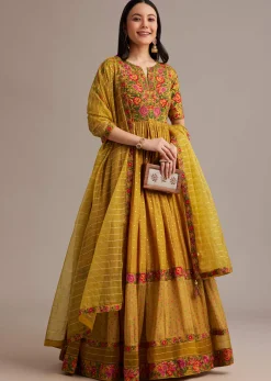 Yellow Bandhani Print Anarkali Set With Thread And Butti Work