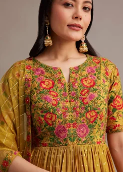Yellow Bandhani Print Anarkali Set With Thread And Butti Work