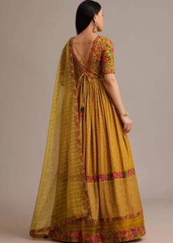 Yellow Bandhani Print Anarkali Set With Thread And Butti Work