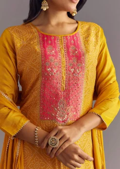 Yellow Bandhani Print Dola Silk Zardosi Kurta Set With Dupatta
