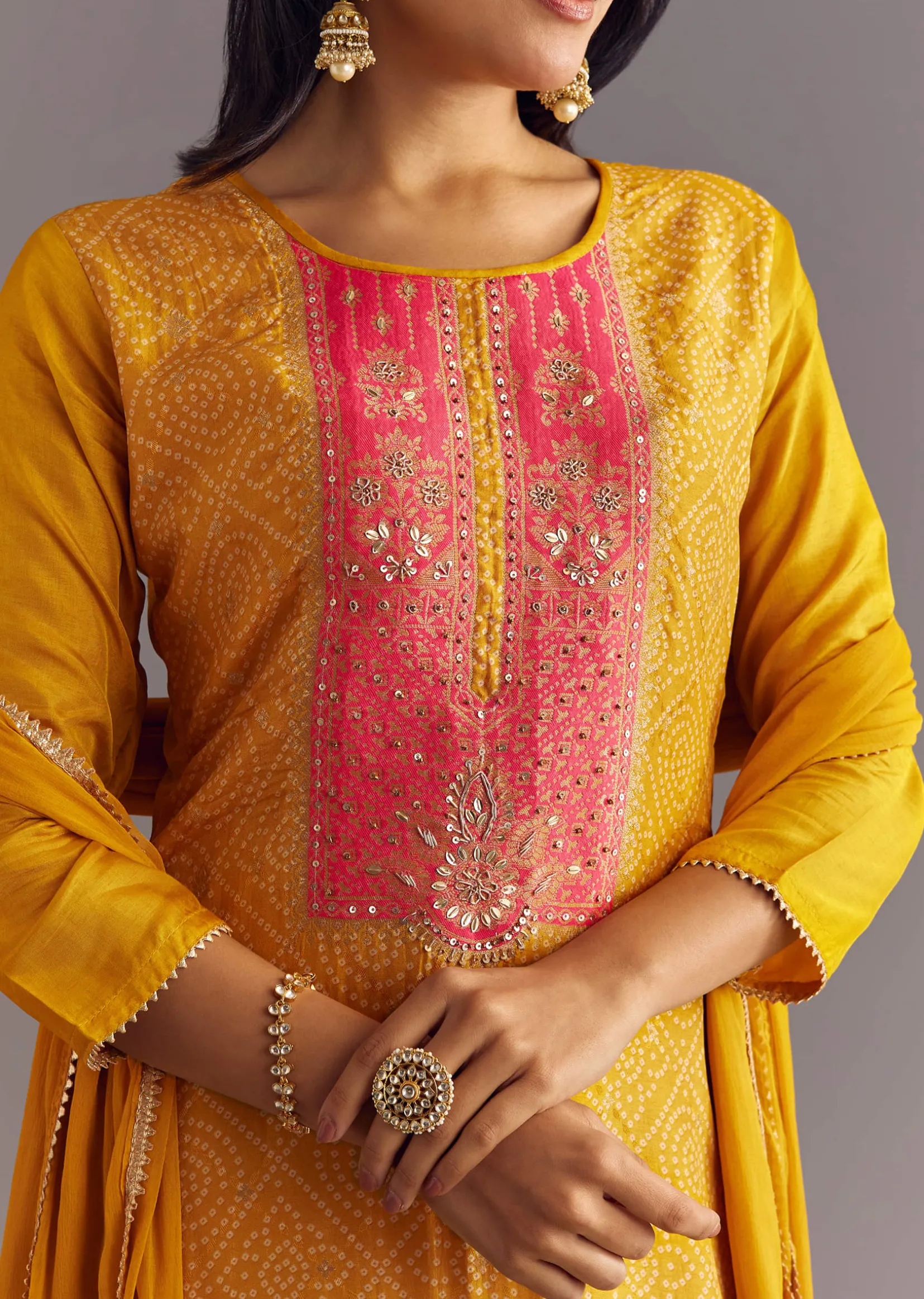 Yellow Bandhani Print Dola Silk Zardosi Kurta Set With Dupatta