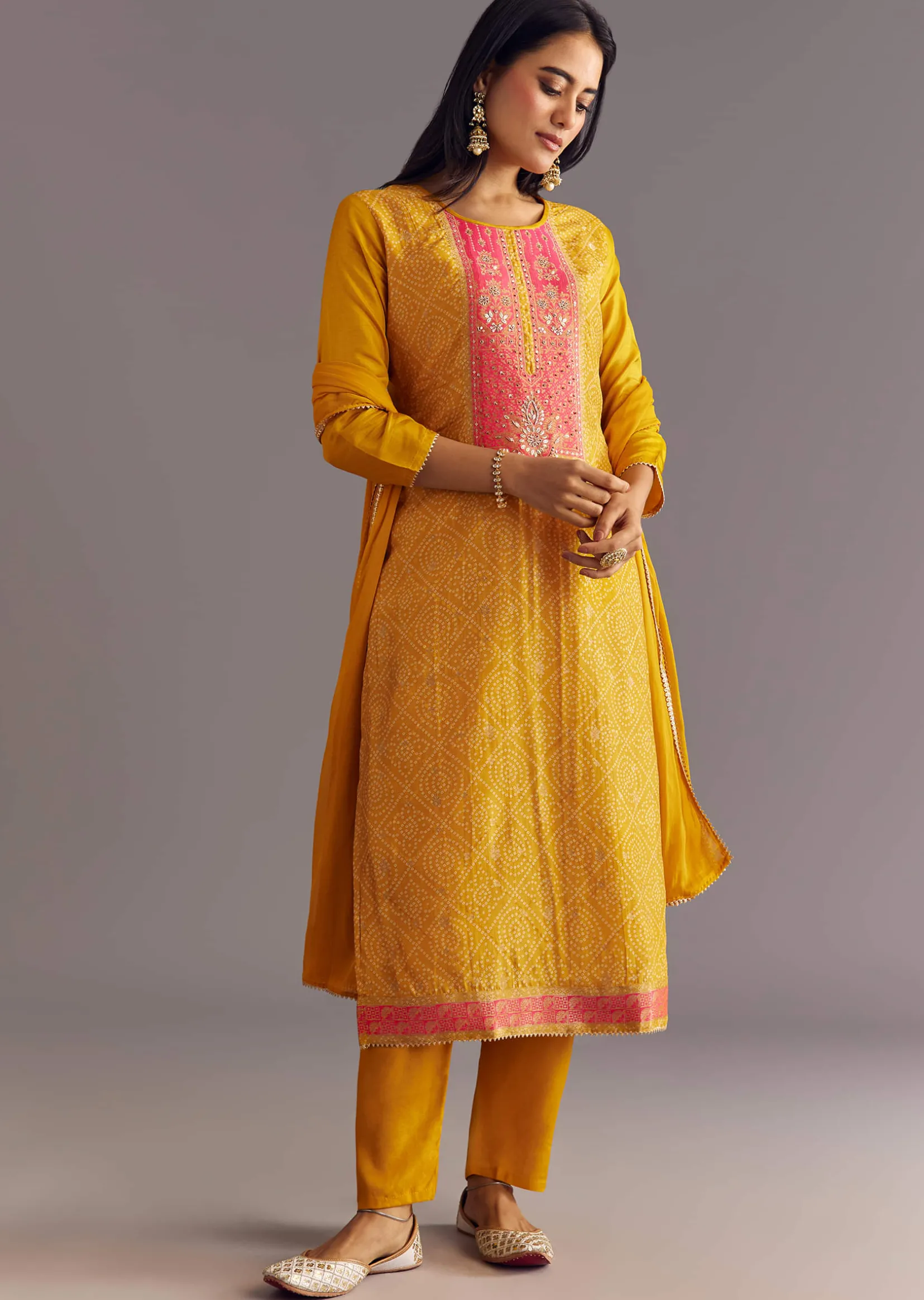 Yellow Bandhani Print Dola Silk Zardosi Kurta Set With Dupatta
