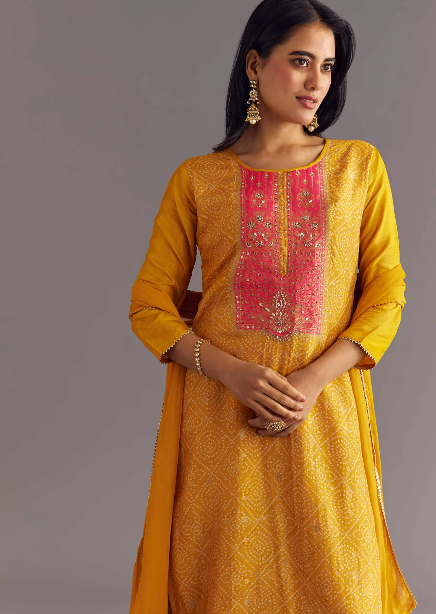 Yellow Bandhani Print Dola Silk Zardosi Kurta Set With Dupatta