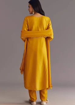 Yellow Bandhani Print Dola Silk Zardosi Kurta Set With Dupatta