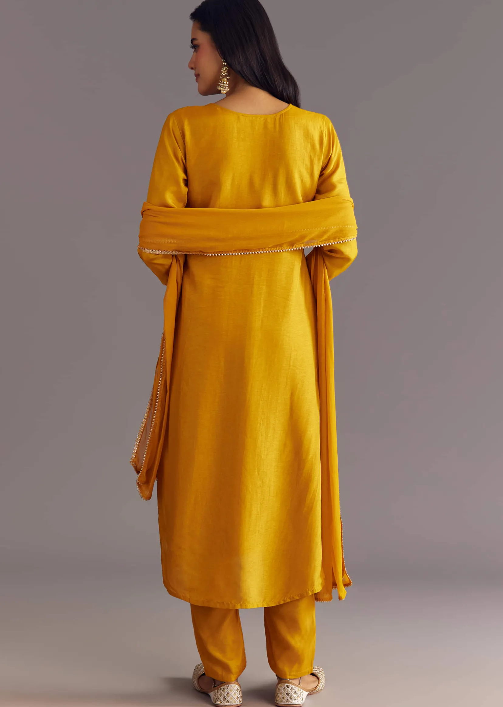 Yellow Bandhani Print Dola Silk Zardosi Kurta Set With Dupatta