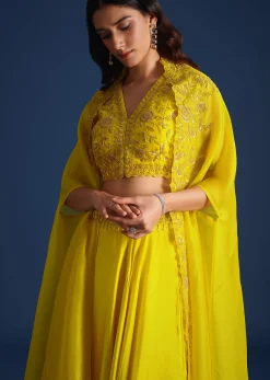 Yellow Bead Embroidered Jacket With Blouse And Skirt