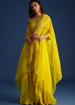 Yellow Bead Embroidered Jacket With Blouse And Skirt