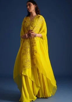 Yellow Bead Embroidered Jacket With Blouse And Skirt
