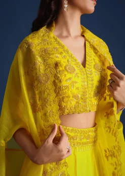 Yellow Bead Embroidered Jacket With Blouse And Skirt