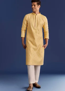 Yellow Benaras Jacquard Kurta Set With Print