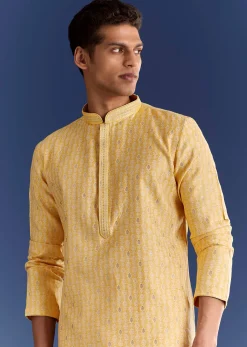 Yellow Benaras Jacquard Kurta Set With Print