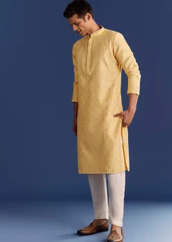 Yellow Benaras Jacquard Kurta Set With Print