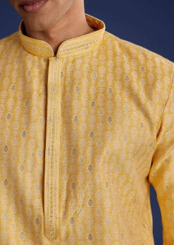 Yellow Benaras Jacquard Kurta Set With Print