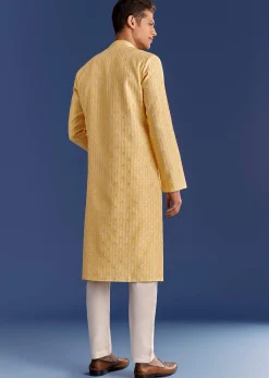 Yellow Benaras Jacquard Kurta Set With Print