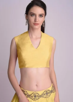 Yellow Blouse In Raw Silk With V Neckline