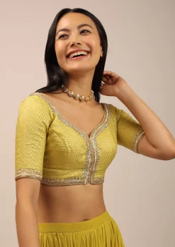 Yellow Brocade Blouse With Front Hook Closure, Half Sleeves And Gotta Patti Embroidery