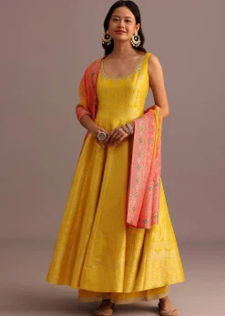 Yellow Brocade Weave Anarkali Set With Dupatta