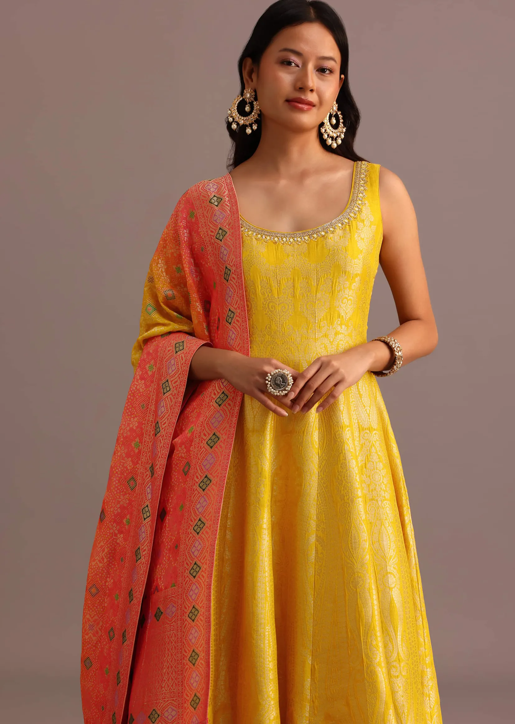 Yellow Brocade Weave Anarkali Set With Dupatta