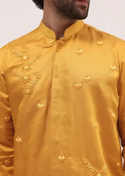 Yellow Bud Embroidered Silk Kurta Set For Men