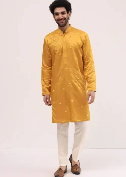 Yellow Bud Embroidered Silk Kurta Set For Men