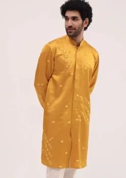 Yellow Bud Embroidered Silk Kurta Set For Men