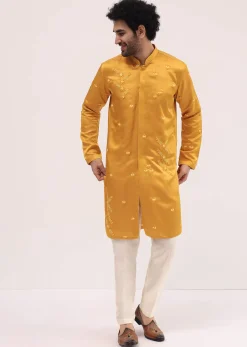 Yellow Bud Embroidered Silk Kurta Set For Men
