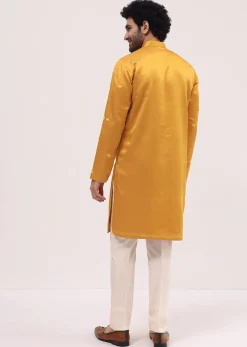 Yellow Bud Embroidered Silk Kurta Set For Men
