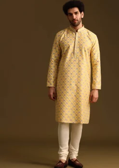 Yellow Butti Work Kurta And Pyjama