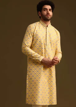 Yellow Butti Work Kurta And Pyjama