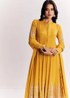 Yellow Chinon Anarkali Suit With Moti Sequins And Cutdana Dupatta