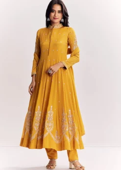 Yellow Chinon Anarkali Suit With Moti Sequins And Cutdana Dupatta