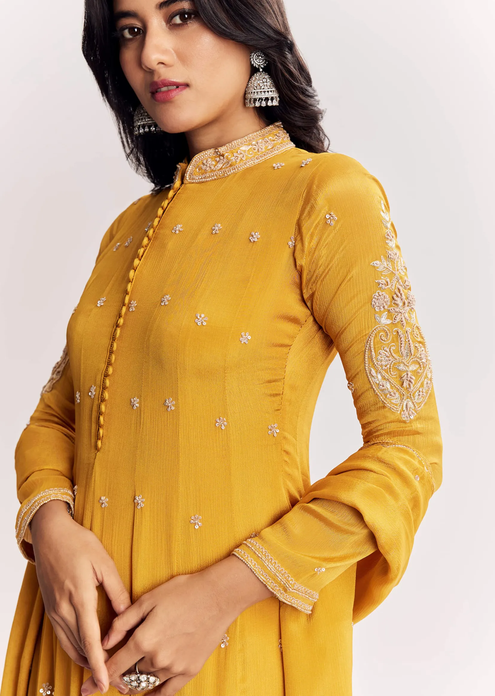 Yellow Chinon Anarkali Suit With Moti Sequins And Cutdana Dupatta