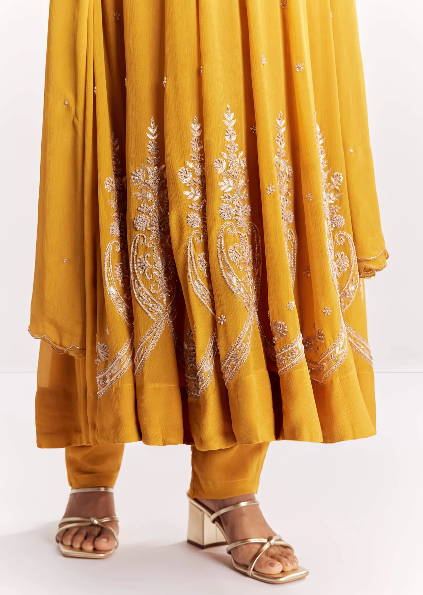 Yellow Chinon Anarkali Suit With Moti Sequins And Cutdana Dupatta