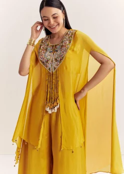 Yellow Chinon Cape Set With Zardosi Thread And Moti Work