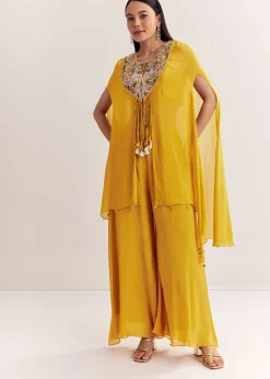 Yellow Chinon Cape Set With Zardosi Thread And Moti Work