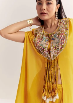 Yellow Chinon Cape Set With Zardosi Thread And Moti Work