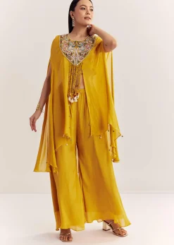 Yellow Chinon Cape Set With Zardosi Thread And Moti Work