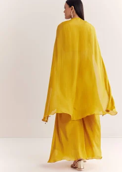 Yellow Chinon Cape Set With Zardosi Thread And Moti Work