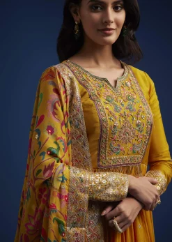 Yellow Chinon Embroidered Anarkali Set With Printed Dupatta